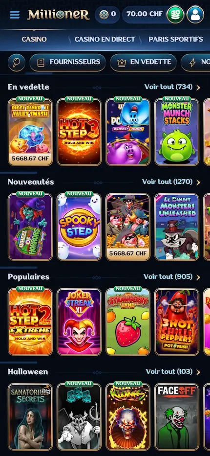 Catalogue de jeux sur Millioner Casino