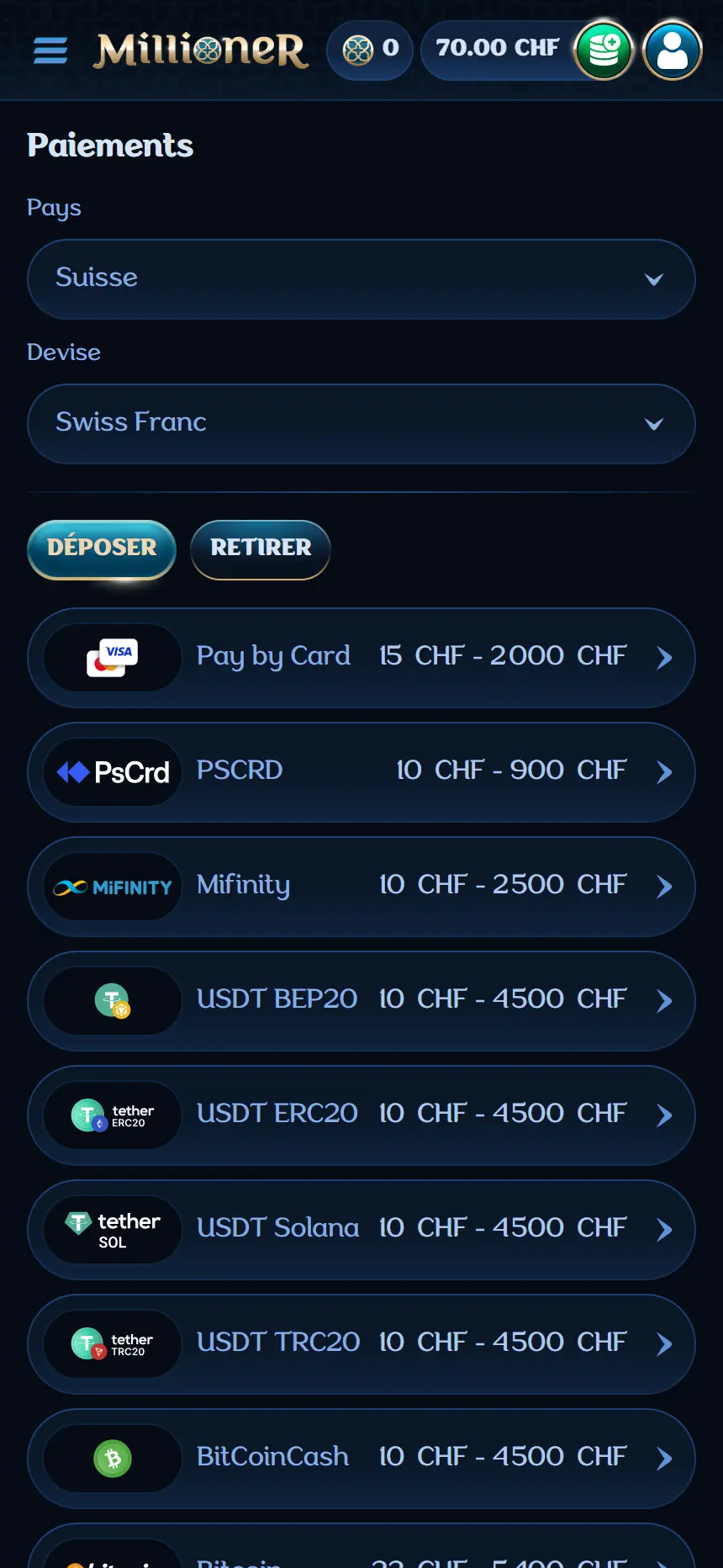 Page des paiements sur Millioner Casino